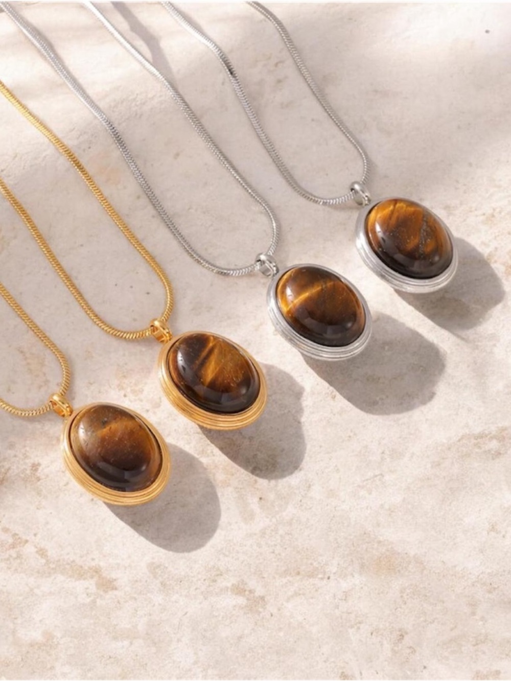 Tiger's Eye Oval Pendant Necklace 18KT Gold Plated PVD Coated NWT